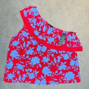 Gibson One Shoulder Blouse Womens Size 1X Red Floral Ruffle Slim Fit Peplum Top